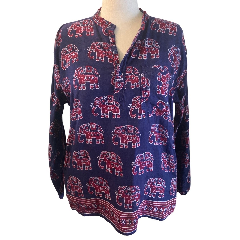 Womens Elephant Print Cotton Henley Tunic Top L Made in India